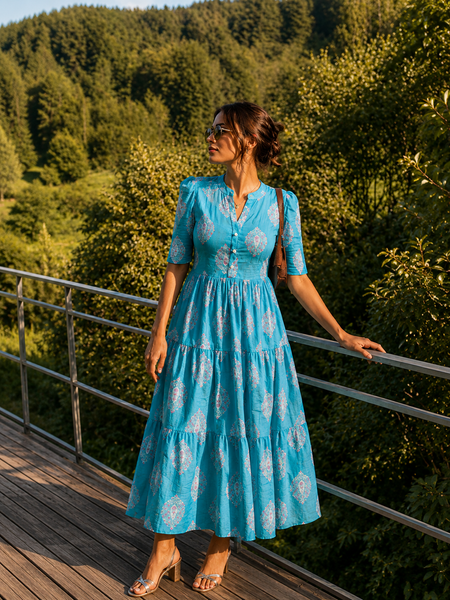 Blue Printed Cotton Midi Dress for Women
