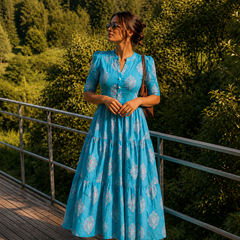 Blue Printed Cotton Midi Dress for Women