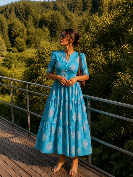 Blue Printed Cotton Midi Dress for Women