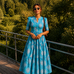 Blue Printed Cotton Midi Dress for Women