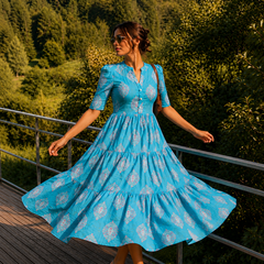 Blue Printed Cotton Midi Dress for Women