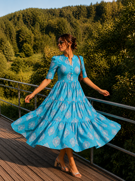 Blue Printed Cotton Midi Dress for Women