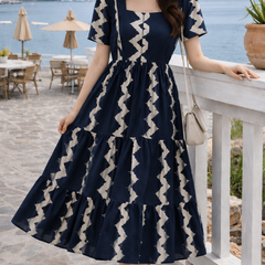 Dark Blue Printed Rayon Fit & Flare Dress