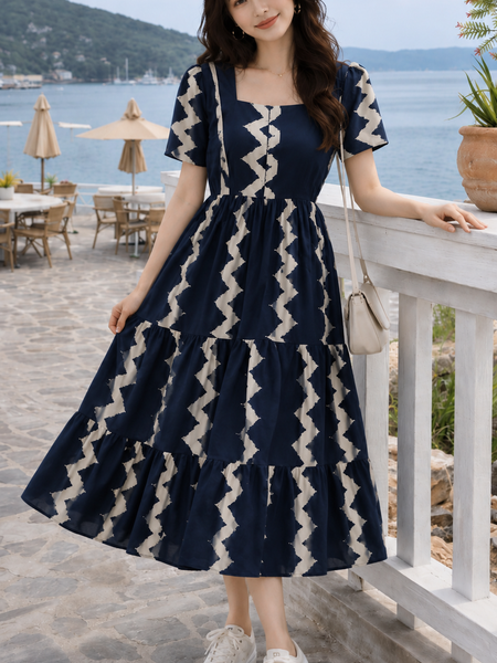 Dark Blue Printed Rayon Fit & Flare Dress
