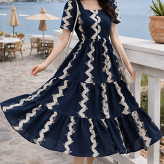 Dark Blue Printed Rayon Fit & Flare Dress