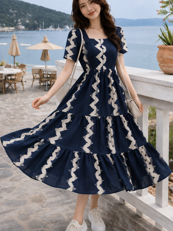 Dark Blue Printed Rayon Fit & Flare Dress