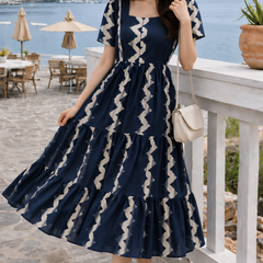 Dark Blue Printed Rayon Fit & Flare Dress