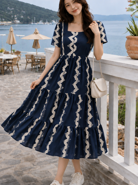 Dark Blue Printed Rayon Fit & Flare Dress