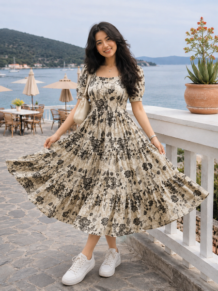 White Floral Printed Rayon Dress