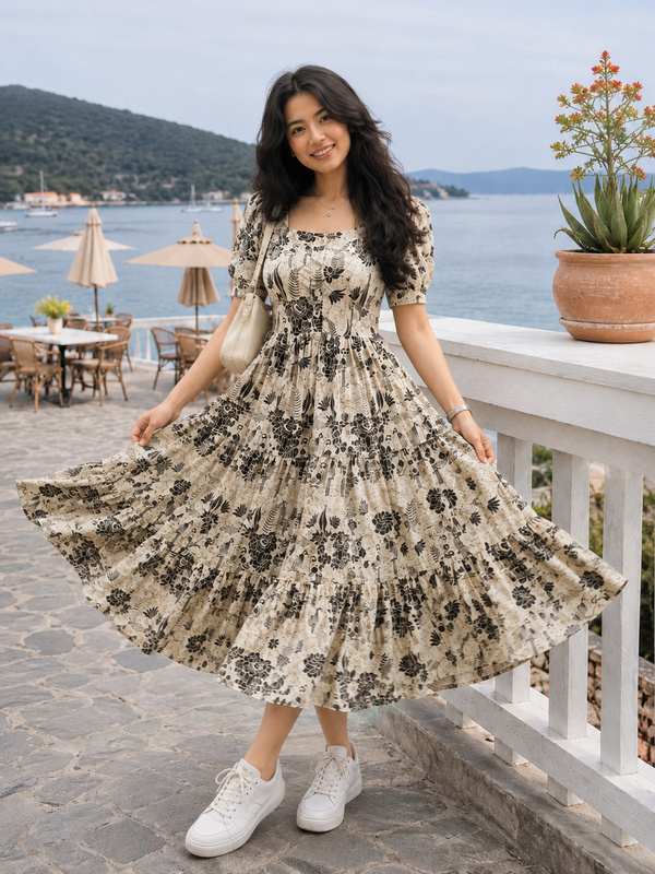 White Floral Printed Rayon Dress