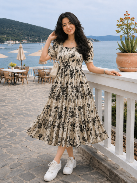 White Floral Printed Rayon Dress