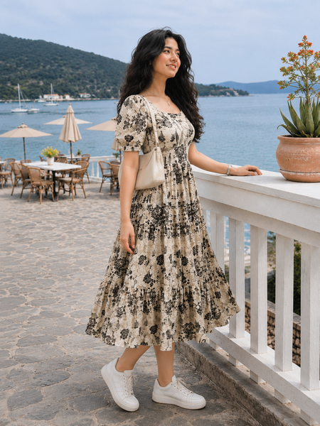 White Floral Printed Rayon Dress