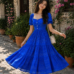 Blue Bandhani Print Cotton Maxi Dress for Women