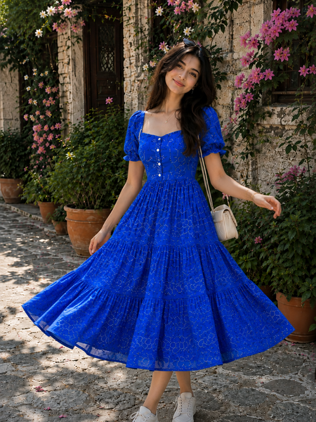 Blue Bandhani Print Cotton Maxi Dress for Women