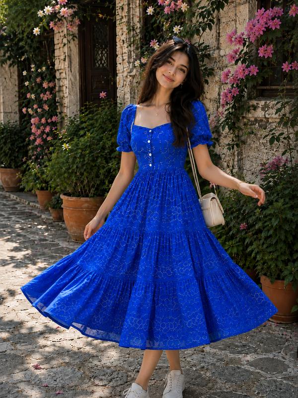 Blue Bandhani Print Cotton Maxi Dress for Women