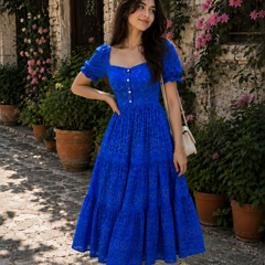 Blue Bandhani Print Cotton Maxi Dress for Women