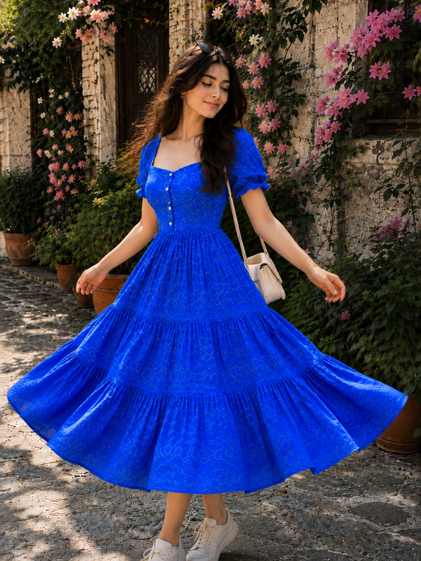 Blue Bandhani Print Cotton Maxi Dress for Women