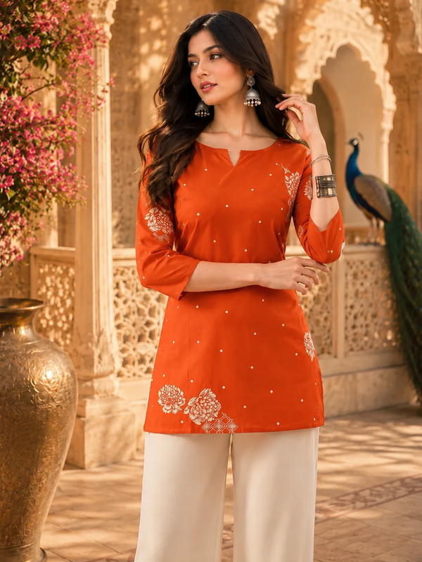 Orange Floral Printed Cotton Kurta for Women