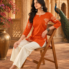 Orange Floral Printed Cotton Kurta for Women