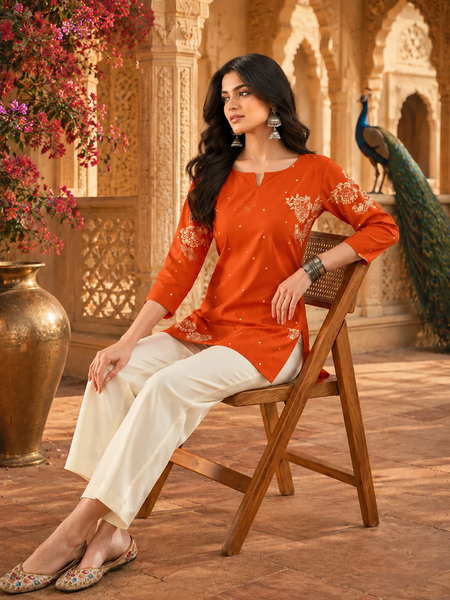 Orange Floral Printed Cotton Kurta for Women