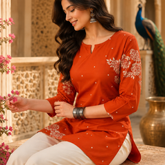 Orange Floral Printed Cotton Kurta for Women