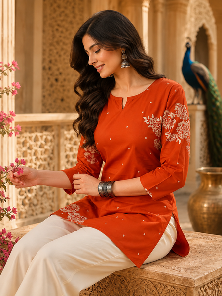 Orange Floral Printed Cotton Kurta for Women