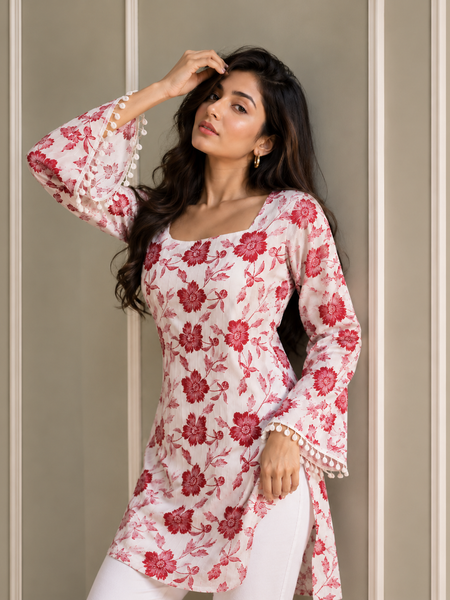 Pink Floral Cotton Kurti with Bell Sleeves