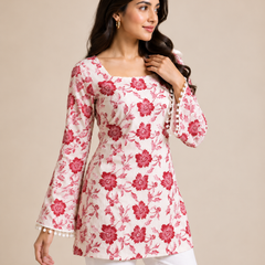 Pink Floral Cotton Kurti with Bell Sleeves
