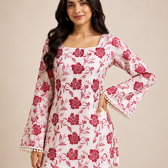 Pink Floral Cotton Kurti with Bell Sleeves