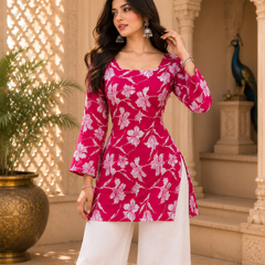 Pink Floral Printed Rayon Kurti for Women
