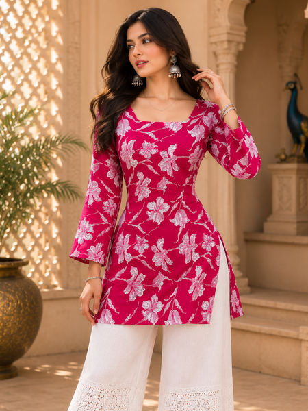 Pink Floral Printed Rayon Kurti for Women