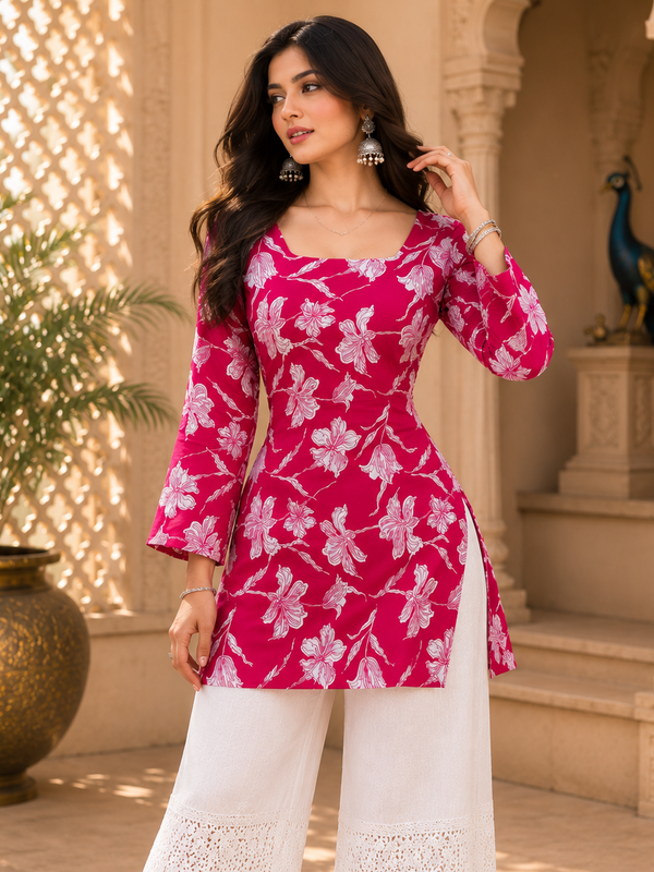 Pink Floral Printed Rayon Kurti for Women