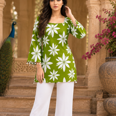 Green Floral Printed Cotton Kurti for Women