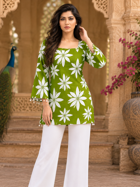 Green Floral Printed Cotton Kurti for Women