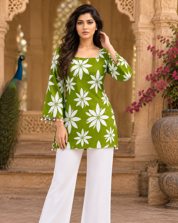 Green Floral Printed Cotton Kurti for Women