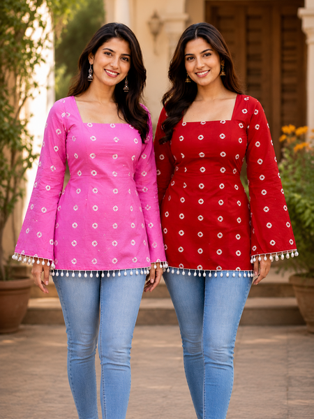 Women's Printed Cotton Tunic Combo Pack of 2 Square Neck Tops
