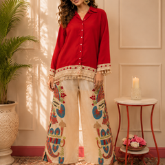 Red Cotton Slub Lace Co-Ord Set with Palazzo Pant