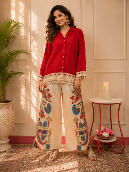 Red Cotton Slub Lace Co-Ord Set with Palazzo Pant