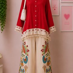 Red Cotton Slub Lace Co-Ord Set with Palazzo Pant