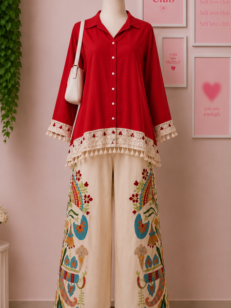 Red Cotton Slub Lace Co-Ord Set with Palazzo Pant