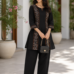 Women’s Black Cotton Floral Embroidered Co-Ord Set with Pants