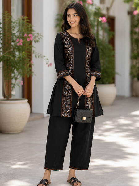 Women’s Black Cotton Floral Embroidered Co-Ord Set with Pants