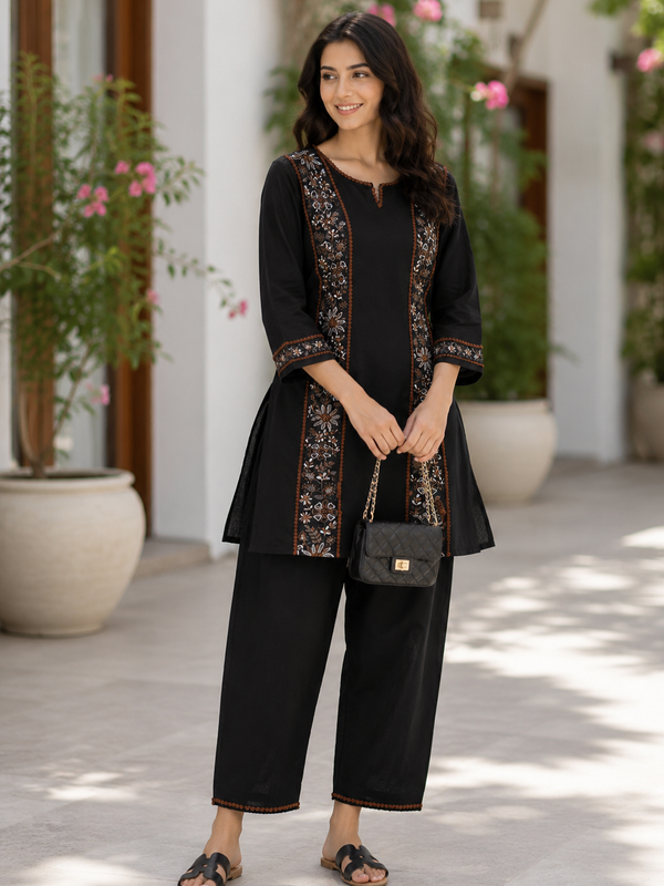Women’s Black Cotton Floral Embroidered Co-Ord Set with Pants