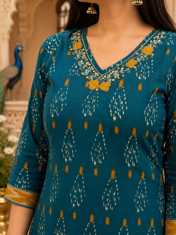 Green Floral Printed Cotton Kurta Pant & Dupatta Suit Set