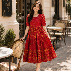 Red Floral Rayon Dress with Square Neck & Half Sleeves