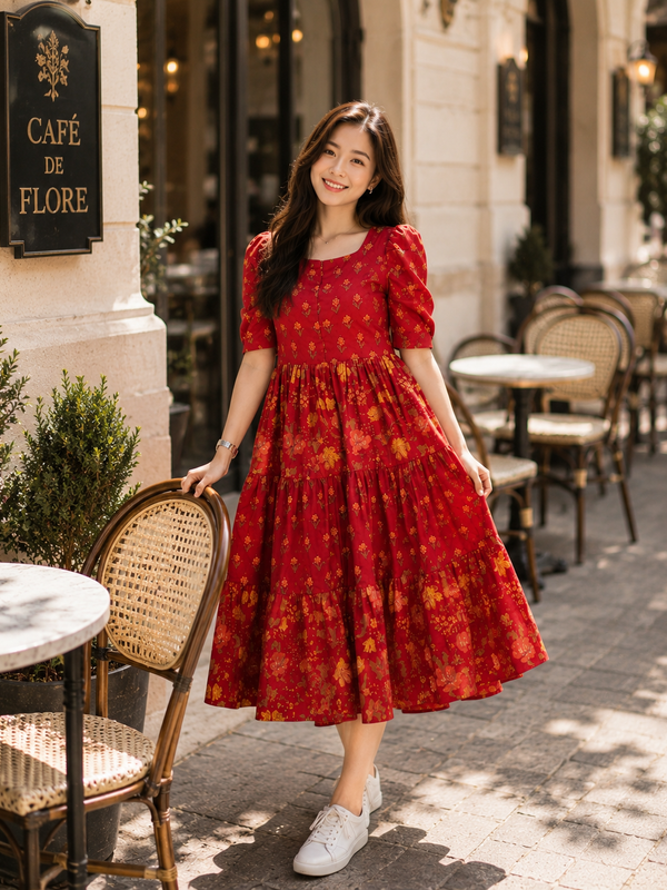 Red Floral Rayon Dress with Square Neck & Half Sleeves