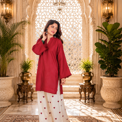 Red Azreen Women Cotton Blend Kurti Palazzo Set