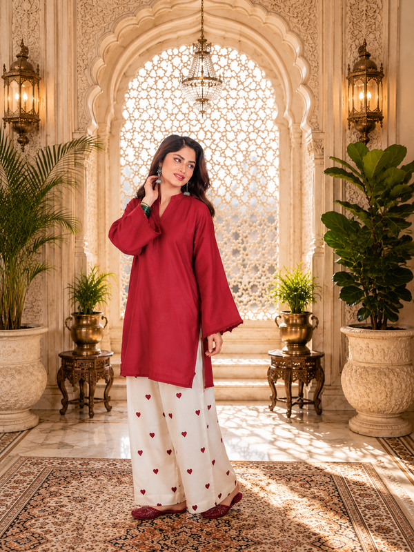Red Azreen Women Cotton Blend Kurti Palazzo Set