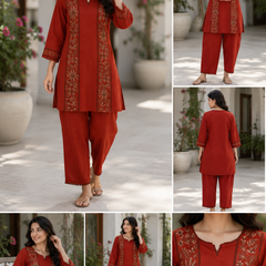 Women’s Rust Red Cotton Floral Embroidered Co-Ord Set with Pants
