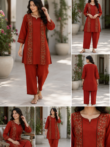 Women’s Rust Red Cotton Floral Embroidered Co-Ord Set with Pants